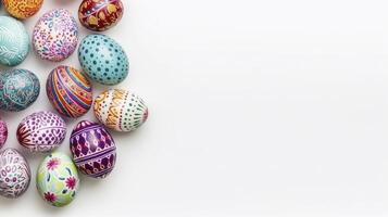 AI generated easter painted eggs and flowers top view on white background template banner place for text photo