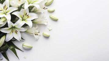 AI generated flowers white pastel lilies composition on a white background copy space template photo