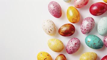 AI generated Glitter sparkling multi-colored Easter eggs on a white background copyspace photo