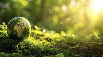 AI generated Environment ecology concept - Green globe in forest with moss and sunlight photo