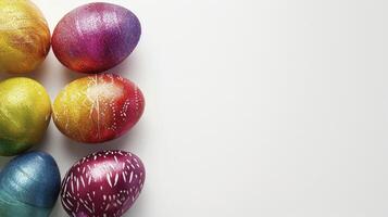 AI generated Glitter sparkling multi-colored Easter eggs on a white background copyspace photo