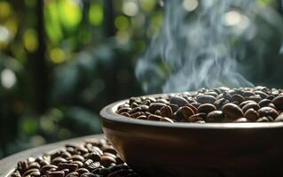 AI generated fresh roasted coffee beans in a bowl with steam or smoke flowing on a blurred green background photo