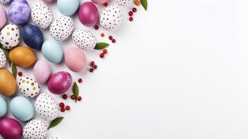 AI generated Easter eggs different top view on white background template banner photo