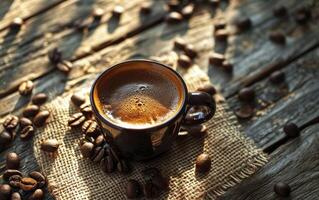 AI generated black ceramic cup with freshly brewed coffee with foam, top view against a background of linen fabric and sun rays photo