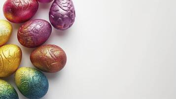 AI generated Glitter sparkling multi-colored Easter eggs on a white background copyspace photo