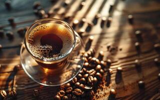 AI generated glass cup with freshly brewed coffee with foam, top view against the background of grains and sun rays photo