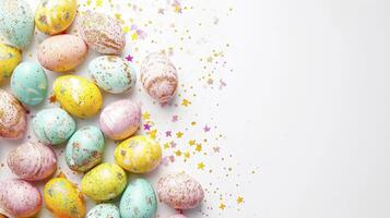 AI generated Glitter sparkling multi-colored eggs crumbly sequins Easter on a white background copy space photo