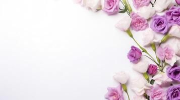 ai generado flores púrpura Rosa y lisianthus composición en un blanco antecedentes Copiar espacio modelo foto