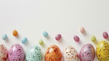 AI generated Glitter sparkling multi-colored Easter eggs on a white background copyspace photo