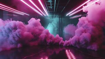 AI generated neon lights, smoke cloud, underground garage basement atmospheric empty background template photo