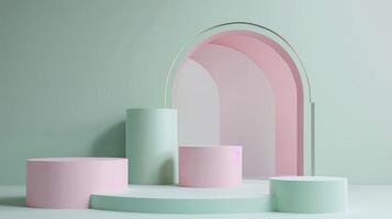 AI generated Empty arch podium mockup and product display in round cylinders in mint green and pink colors photo