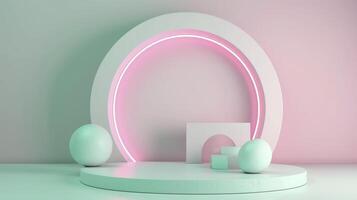 AI generated stage 3 d podium mock-up podium and product showcase in mint green and pink colors photo