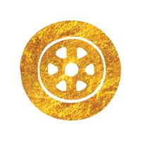 Hand drawn Car tire icon in gold foil texture vector illustration