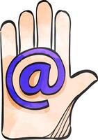 Hand with email icon in color drawing. Contact website communication vector