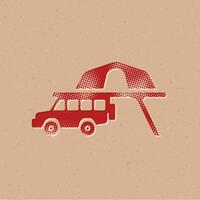 Portable camping tent halftone style icon with grunge background vector illustration