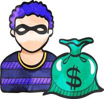 Burglar icon in color drawing. People person thief steal money sack dollar sign vector