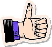 Hand drawn thumb up hand in sticker style vector illustration