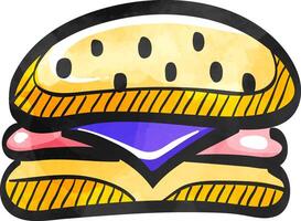 Burger icon in color drawing. Fast food junk American carbohydrate eating vector