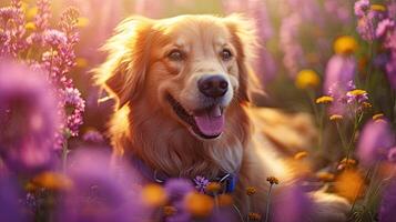 ai generado mascota perro flores ai generado foto