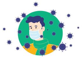 Man using face mask surrounded by viruses vector