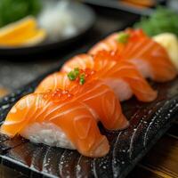 AI generated Salmon Japanese sushi close up shot. photo