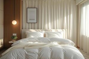 AI generated Minimal bedroom, House interior design backdrop, White modern bedroom, Simple design. photo