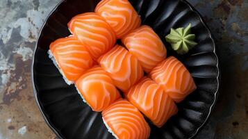 AI generated Salmon Japanese sushi on black plate close up shot. Top view, Overhead view. photo