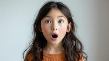 AI generated Portrait surprise face, Portrait of an amazed girl with an open mouth and round big eyes, astonished expression,  Looking camera. White background. photo