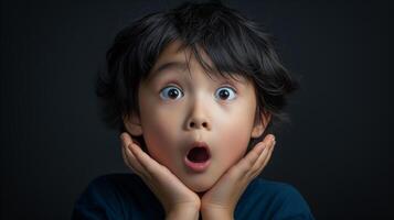 AI generated Portrait surprise face, Portrait of an amazed boy with an open mouth and round big eyes, astonished expression,  Looking camera. black background. photo