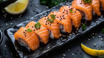 AI generated Salmon Japanese sushi on black plate close up shot. Top view, Overhead view. photo