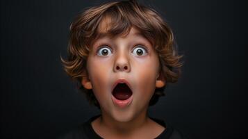 AI generated Portrait surprise face, Portrait of an amazed boy with an open mouth and round big eyes, astonished expression,  Looking camera. black background. photo