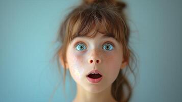 AI generated Portrait surprise face, Portrait of an amazed girl with an open mouth and round big eyes, astonished expression,  Looking camera. blue background. photo