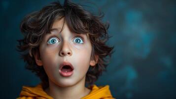 AI generated Portrait surprise face, Portrait of an amazed boy with an open mouth and round big eyes, astonished expression,  Looking camera. White background. photo