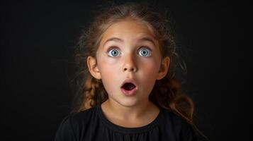 AI generated Portrait surprise face, Portrait of an amazed girl with an open mouth and round big eyes, astonished expression,  Looking camera. black background. photo