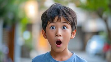 AI generated Portrait surprise face, Portrait of an amazed boy with an open mouth and round big eyes, astonished expression,  Looking camera. blur bokeh background. photo