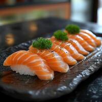 ai generado salmón japonés Sushi cerca arriba disparo. foto