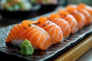 AI generated Salmon Japanese sushi close up shot. photo