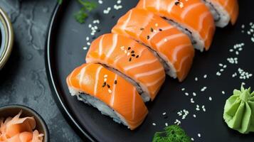 AI generated Salmon Japanese sushi on black plate close up shot. Top view, Overhead view. photo