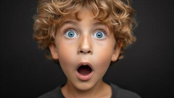 AI generated Portrait surprise face, Portrait of an amazed boy with an open mouth and round big eyes, astonished expression,  Looking camera. black background. photo