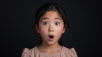 AI generated Portrait surprise face, Portrait of an amazed girl with an open mouth and round big eyes, astonished expression,  Looking camera. black background. photo