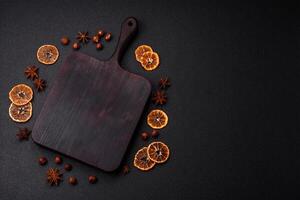 Empty wooden cutting board for preparing ingredients for preparing a delicious dish photo