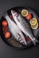 Fresh raw ocean sea bass fish with salt, spices and herbs photo