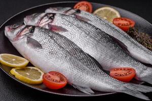 Fresh raw ocean sea bass fish with salt, spices and herbs photo