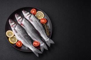 Fresh raw ocean sea bass fish with salt, spices and herbs photo