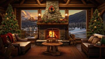 AI generated cabin fireplace lodge ai generated photo