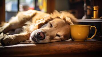 AI generated calm dog indoors relaxing coffee ai generated photo