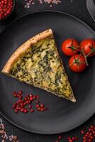 Delicious crispy quiche cut into slices with cheese, broccoli, tomatoes photo