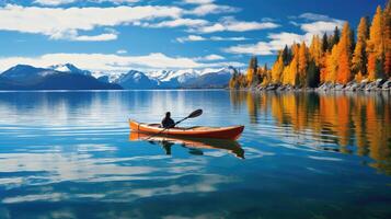 ai generado aventuras kayac en lago ai generado foto