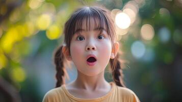 AI generated Portrait surprise face, Portrait of an amazed girl with an open mouth and round big eyes, astonished expression,  Looking camera. blur background. photo