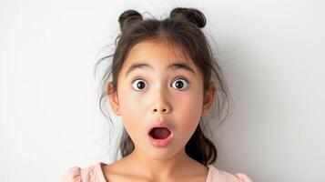 AI generated Portrait surprise face, Portrait of an amazed girl with an open mouth and round big eyes, astonished expression,  Looking camera. White background. photo